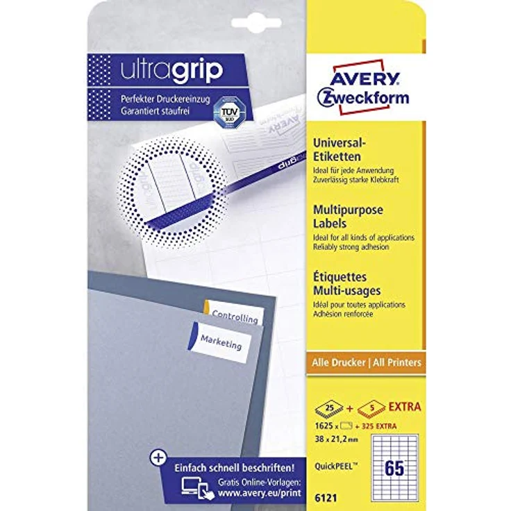 AVERY Zweckform 6121 Universal Etiketten, 1.950 selbstklebende Aufkleber, 38x21,2mm auf A4, FSC-zertifiziert, matt, mit ultragrip, 30 Blatt, weiß – Bild 2