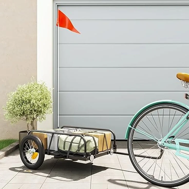 vidaXL Fahrradlastenanhänger Schwarz 122x53x31 cm Eisen, Max. Belastung 30 kg, mit Deichsel und Sicherheitsflagge – Bild 3