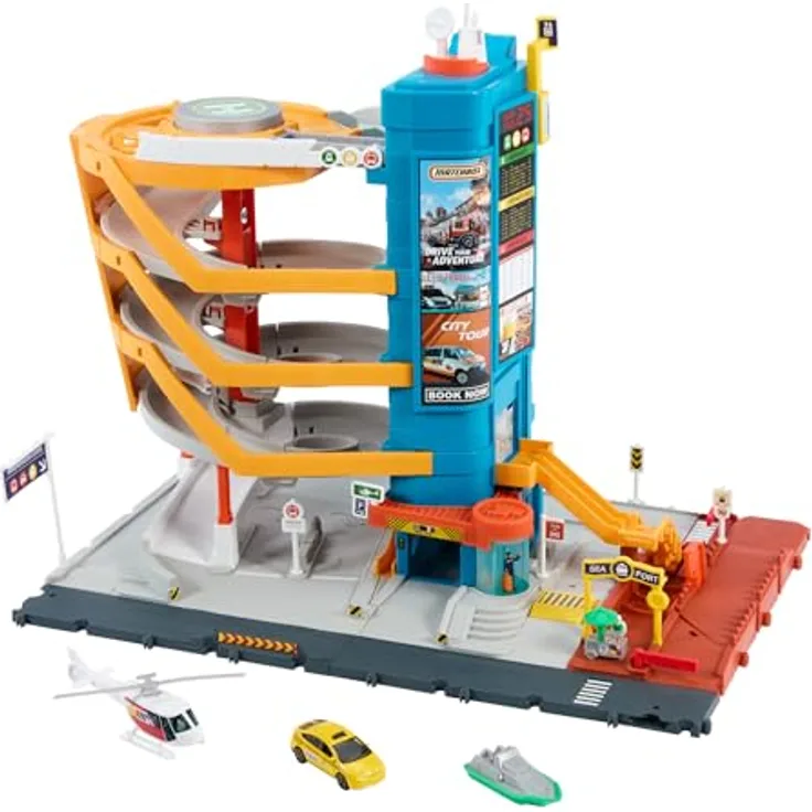 MATCHBOX Spiel-Parkhaus Action Drivers Transport-Center, 5-stöckige Garage mit Hubschrauberlandeplatz und Boot, Maßstab 1:64
