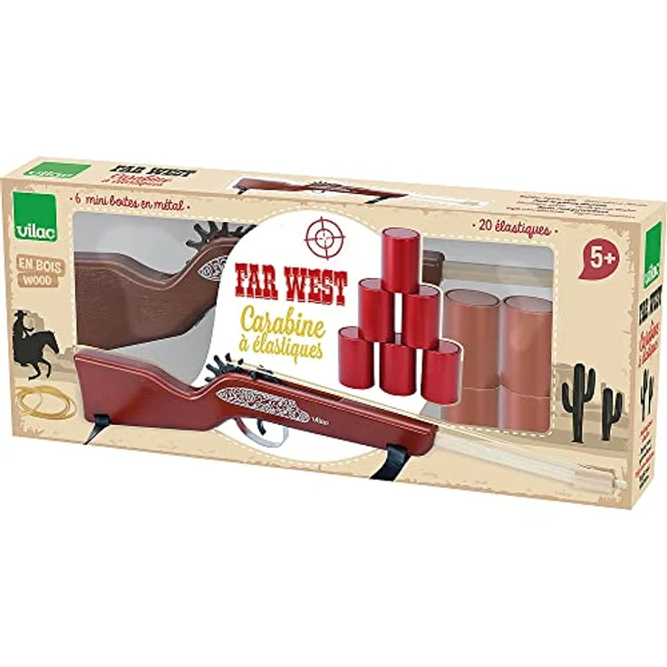 Vilac Spielzeug, Gewehr aus Holz mit 20 Gummibändern und 6 Metall-Mini-Dosen, Kostümzubehör für Kinder ab 5 Jahren – Bild 2