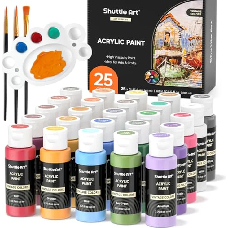 Shuttle Art Acrylfarben-Set 25 Vintage-Farben, reich pigmentiert, 60 ml Flaschen, geeignet für Leinwand, Holz, Keramik, ungiftig und wasserfest – Bild 1