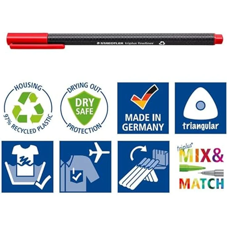 STAEDTLER triplus® 334 Fineliner, farbsortiert mit 0,3 mm Strichbreite, ergonomische Dreikantform, 4 St. (grün, schwarz, rot, blau) – Bild 6