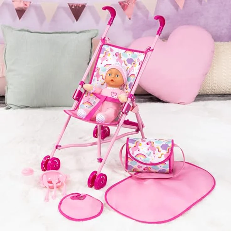 Bayer Puppenbuggy Set mit Puppe, fröhliche Farbkombination, geeignet für Puppen bis 46 cm – Bild 4