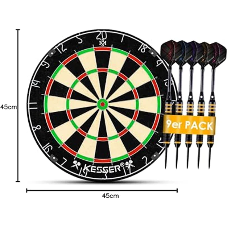 KESSER® Dartscheibe kork mit 9 Dartpfeile Professional Dartboard + 21 Pro Flights + Zubehör Steeldart Offizielles Dartscheibe 9 Pfeilen Metallspitze Profi Steeldartscheibe - Dartboard inkl. Montageset Classic – Bild 11