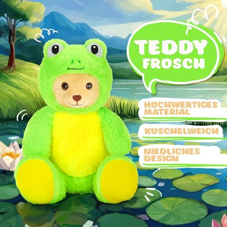 BRUBIES Teddy Frosch, 25 cm Plüschtier im Froschkostüm mit abnehmbarer Kapuze, extra weiches Kuscheltier für Kinder, pflegeleicht – Bild 2