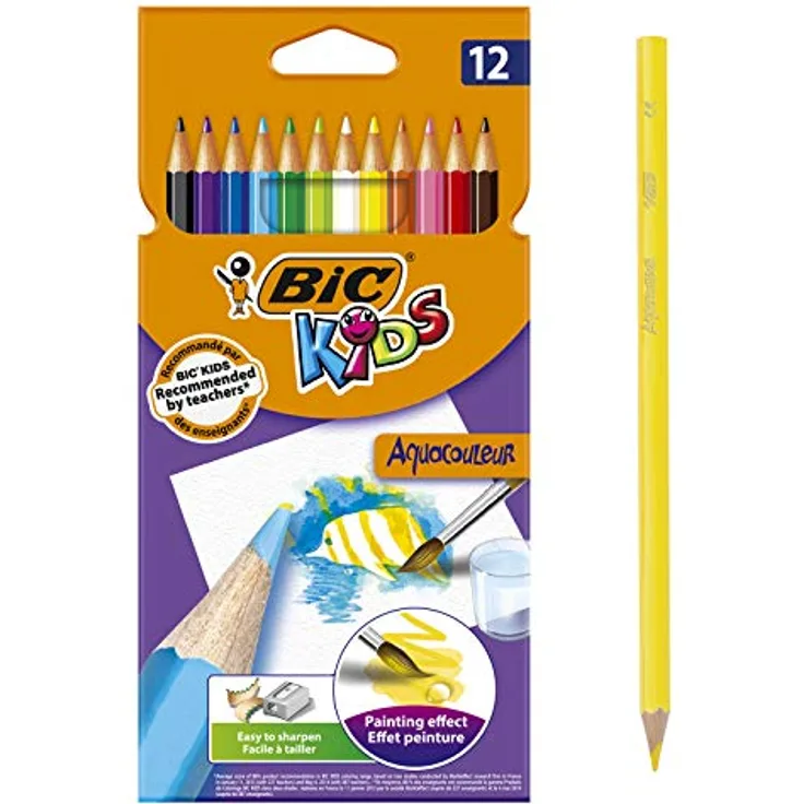 BIC Kids Aquacouleur Aquarellstifte, 12er Pack mit 2,9-mm-Mine für Aquarelleffekt, verschiedene Farben