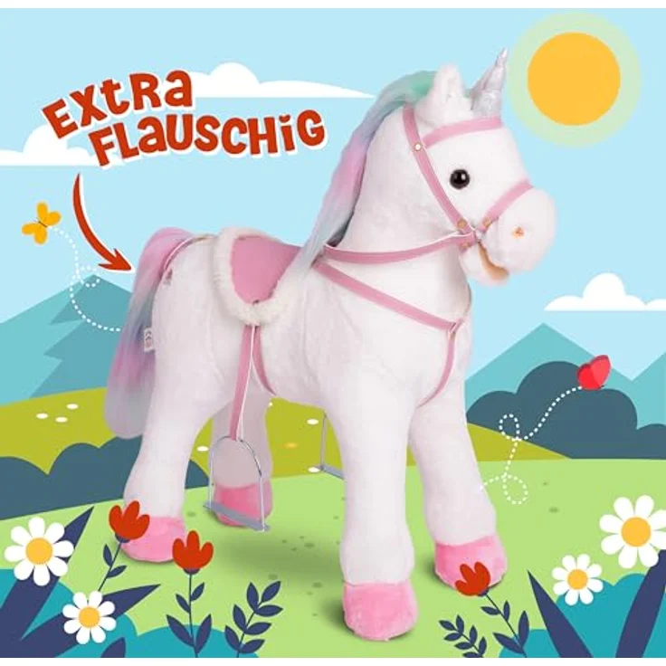 Pink Papaya Stehpferd zum draufsitzen | 60cm Spielpferd zum Reiten Rainbow | Pferd zum Reiten für Kinder mit Sound | Sattel Pferd – Bild 3