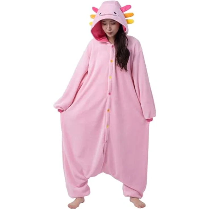 Metamorph Axolotl Kigurumi, Fleece Overall für Kinder und Jugendliche, bequemer Einteiler, Größen L und M – Bild 1