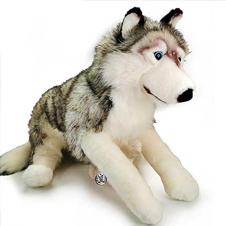 Kuscheltiere.biz Wolf Husky Schlenkertier Grauwolf Plüschtier 80 cm XXL Schlenkerwolf ASKA, überragend weicher Plüschstoff, meliertes Fell, realistisches Design, waschbar bei 30°C, inklusive silberfarbener Esel-Igor-Metallplakette – Bild 4
