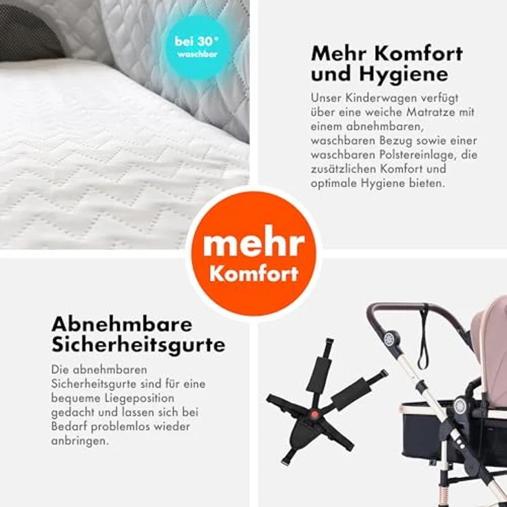 Daliya® NEOMOVE 2in1 Kombi-Kinderwagen, Buggy mit klappbarer Babywanne und Sportsitz, große pannensichere Räder, stufenlos verstellbare Rückenlehne, leichter Alu-Rahmen, großer Einkaufskorb, Gold-Rosa – Bild 5