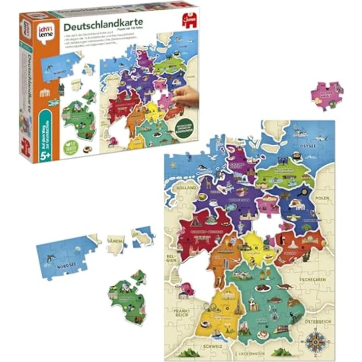 Jumbo Spiele 19927 Ich lerne Deutschlandkarte, Puzzle mit 130 Teilen und Begleitheft, 50x35,5cm Größe, recycelter Karton – Bild 8