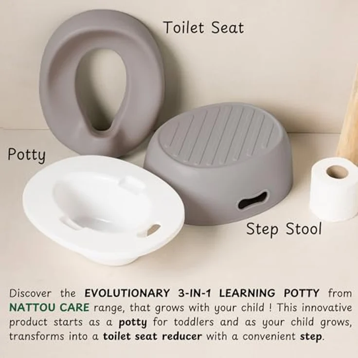 Nattou Babytopf 3in1, Töpfchen + Hocker + Toilettensitz für Kinder, Ideal für Toilettentraining, Ca. 34 cm, Ab ca. 18 Monate bis ca. 4 Jahre, Farbe Taupe, Material ABS/EVA – Bild 5