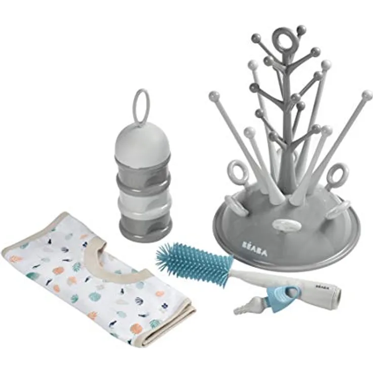 BÉABA, Baby-Geschenkset zur Geburt, Trockenständer für Babyflaschen, geräumig, Milchpulver-Portionierer, stapelbar, Flaschenbürste aus Silikon, Babylätzchen 100% Baumwolle, Motiv Tropical