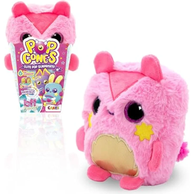 CRAZE Plush Pop Cones Chewy, Plüschtier mit Erdbeerduft und BFF-Armband, rosa, in Popcorn-Box verpackt, für Kinder ab 3 Jahren – Bild 1