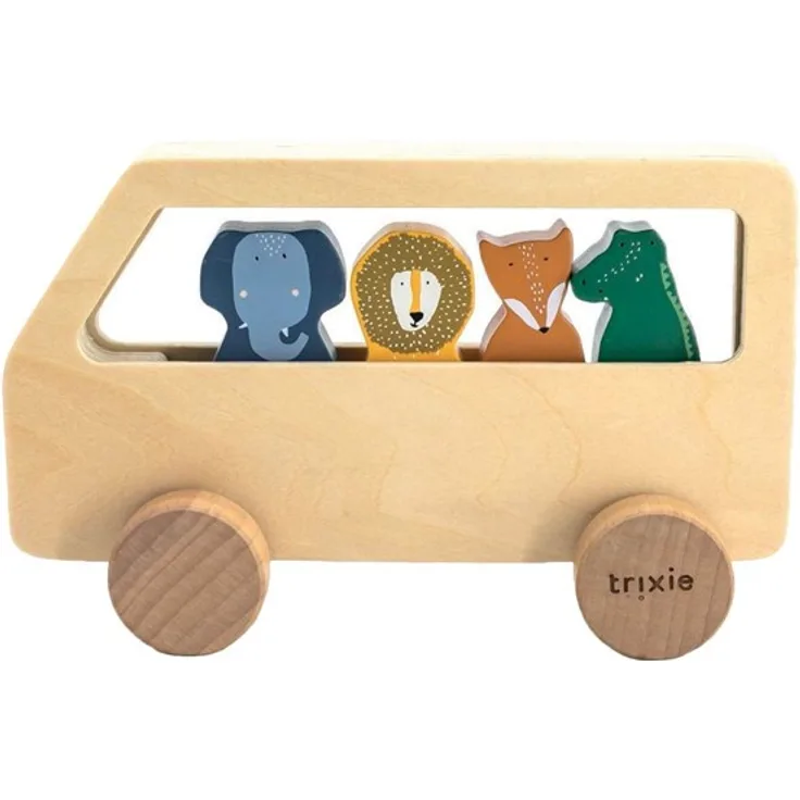 Trixie Baby Wooden Animal Bus, 5-teiliges Babyspielzeug aus 100% FSC-zertifiziertem Holz, mit 4 beweglichen Tierspielzeugen