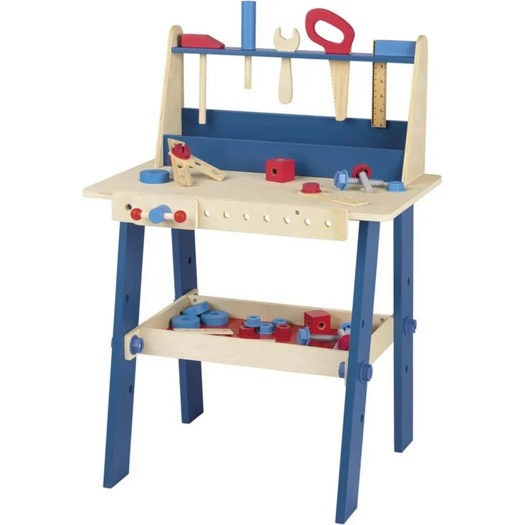 Generic Playtive Werkbank, Echtholz Spielzeug für kleine Heimwerker, 44-teilig, höhenverstellbare Ablagefläche, ab 3 Jahren