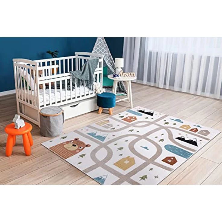 rugsx Fun Polar Kinderteppich mit Muster „Straßen, Wald”, Creme, 120x170 cm, 100% Polypropylen, pflegeleicht – Bild 2