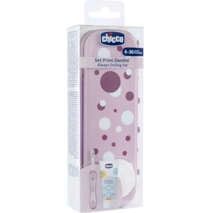 Chicco Baby Zahnbürste und Zahnpasta Set, ergonomische Zahnbürste mit weichen Borsten und Apfel-Bananen-Zahnpasta, für erste Milchzähne, praktisches Case, Reiseset, lila, 6-36 Monate – Bild 3