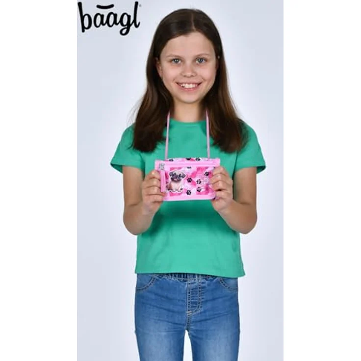 Baagl Brustbeutel Kinder - Mini Portemonnaie für Mädchen, 14,5 x 8,5 cm, mit Reißverschluss Münzfach und Kordel (Pfötchen) – Bild 5