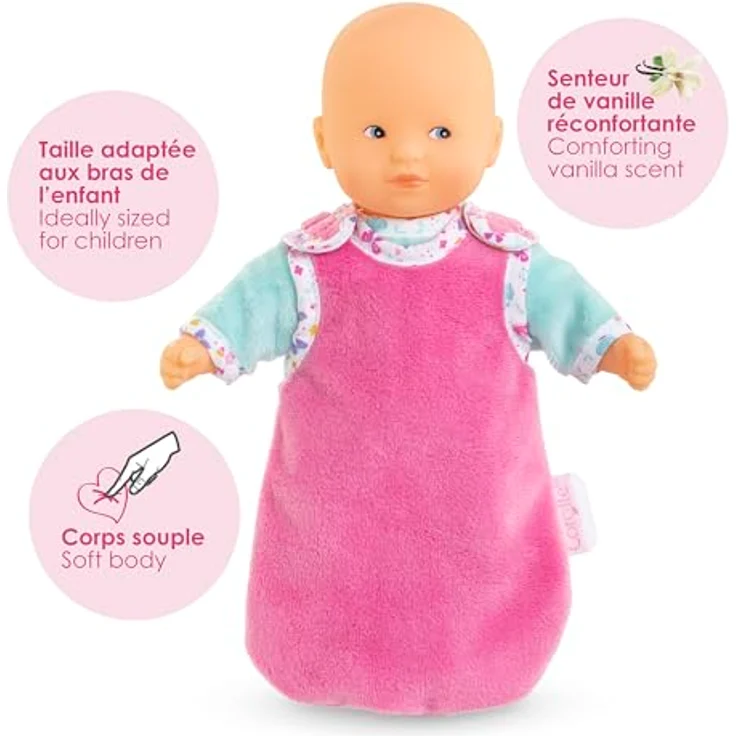 Corolle Mon Premier Poupon Mini Calin Gute Nacht Set, Weichkörperpuppe 20cm mit weißen Strampler, extra türkisem Pyjama, pinkem Schlafsack und Vanilleduft, ab 18 Monaten – Bild 3