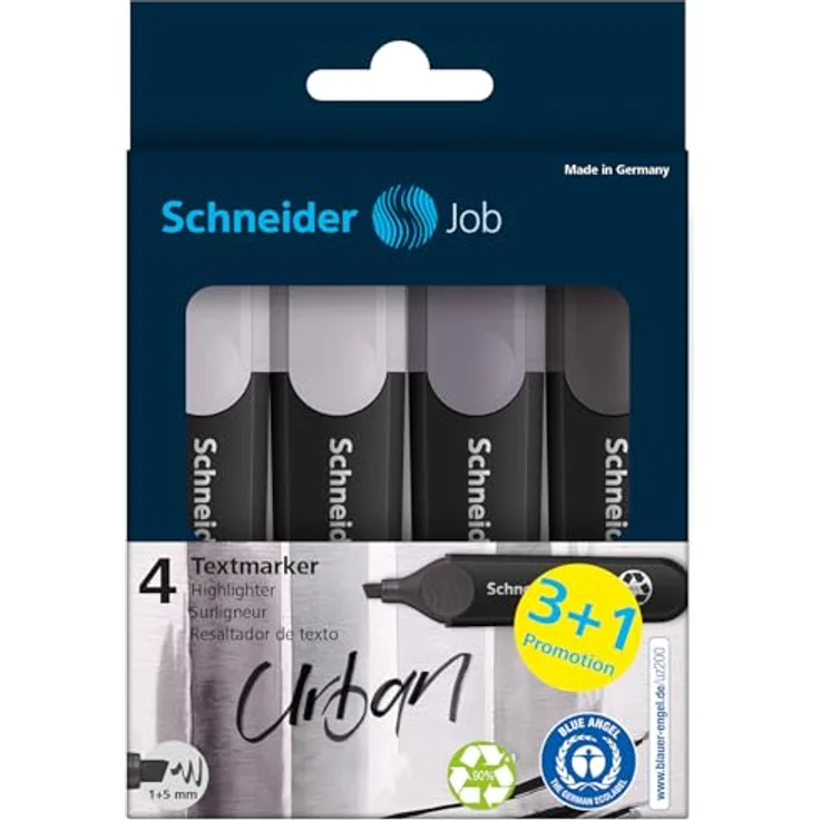 Schneider Job 150 Textmarker aus recyceltem Kunststoff, 4er Etui, Grautöne (taupegrau, mauvegrau, schiefergrau) – Bild 3