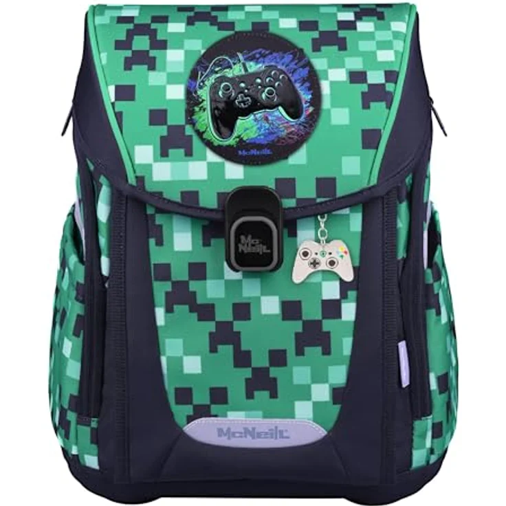 McNeill Schulranzen Set PRIMO 9tlg. (GAME ZONE) mit ergonomischem ClickFlex-Rückensystem, 19 L, grün, inkl. gefülltem Etui, Sportbeutel und Trinkflasche – Bild 1