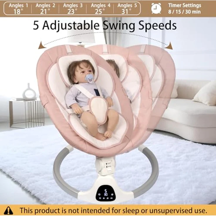 JFOVMCYG Elektrische Babywippe für Säuglinge bis 9 kg, klappbar, mit Fernbedienung & Bluetooth, 5 Schaukelgeschwindigkeiten, 3 Sitzpositionen, Timer-Funktion – Bild 2