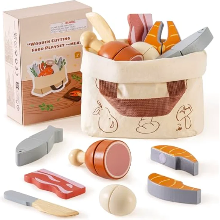 ROBOTIME Holz-Fleisch & Eier-Schneideset für Kinder, realistisches Metzger-Spielset mit Holz-Fisch, Speck, Steak, Ei & Zubehör, Montessori-Rollenspiel, inklusive Tragetasche – Bild 1