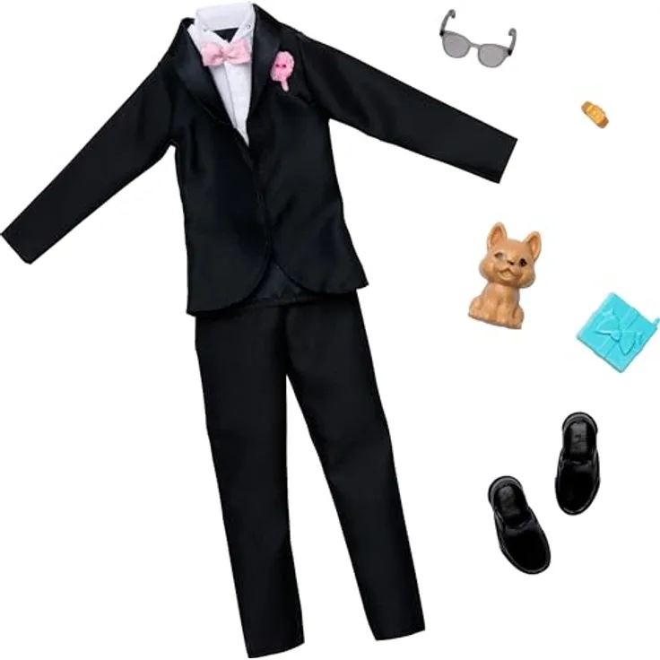Barbie Fashions 2er-Pack Bräutigam Mode, Smoking mit Accessoires und Haustier, schwarz-rosa