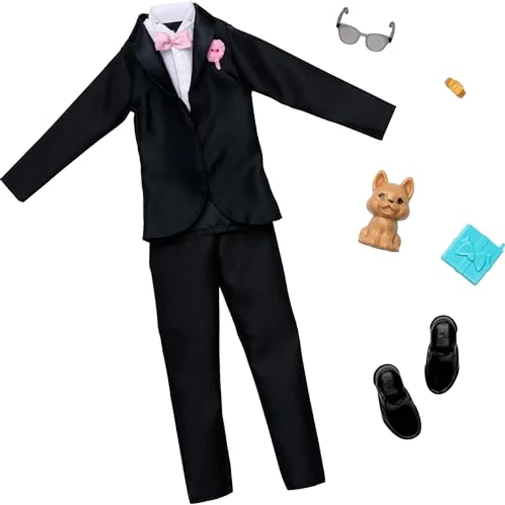 Barbie Fashions 2er-Pack Bräutigam Mode, Smoking mit Accessoires und Haustier, schwarz-rosa – Bild 1