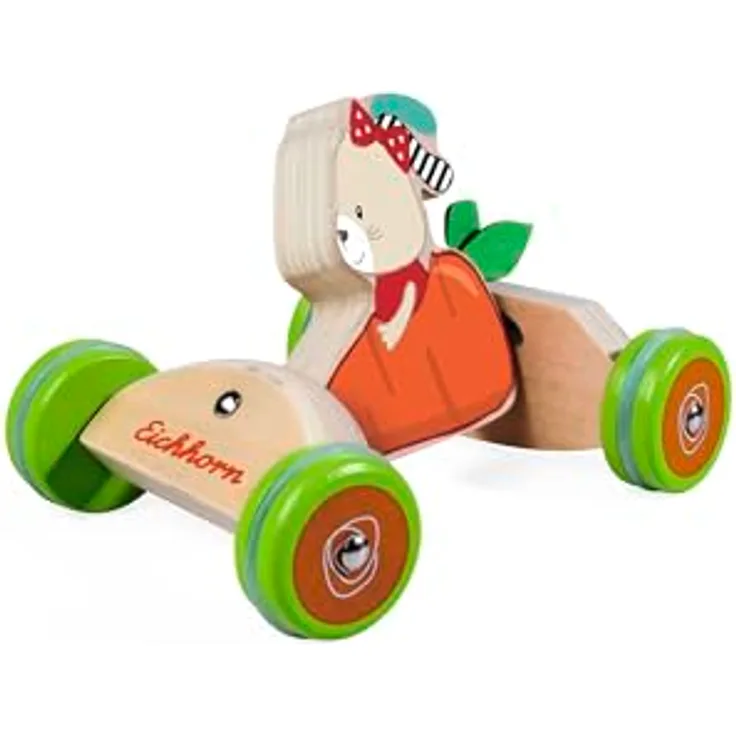 Eichhorn Greifspielzeug Schiebefahrzeug, Hasen-Karotten Motiv, FSC®-zertifiziert, 16 cm, geräuschlose Silikonreifen