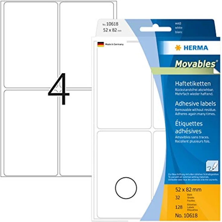 HERMA 10618 Etiketten ablösbar weiß, 32 Blatt, 52 x 82 mm, 4 pro Bogen, 128 Aufkleber, selbstklebend, Vielzweck Klebeetiketten zum Beschriften, Universal Haftetiketten aus Papier, blanko – Bild 1
