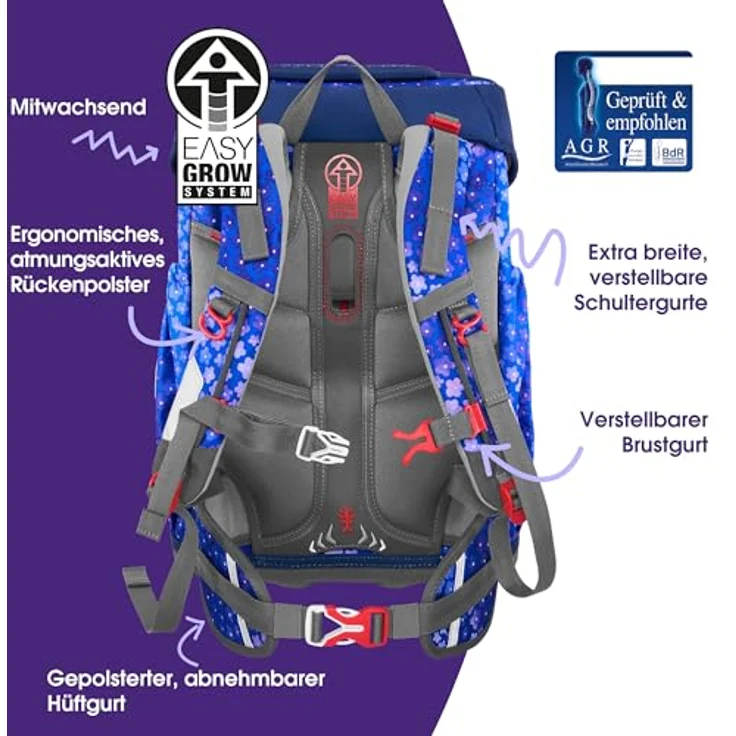 Step by Step Giant Schulranzen-Set „Butterfly Maja“, 5-teilig, ergonomischer Tornister, höhenverstellbar, mit Reflektoren, blau-rosa, 23 Liter für Mädchen ab der 1. Klasse – Bild 4