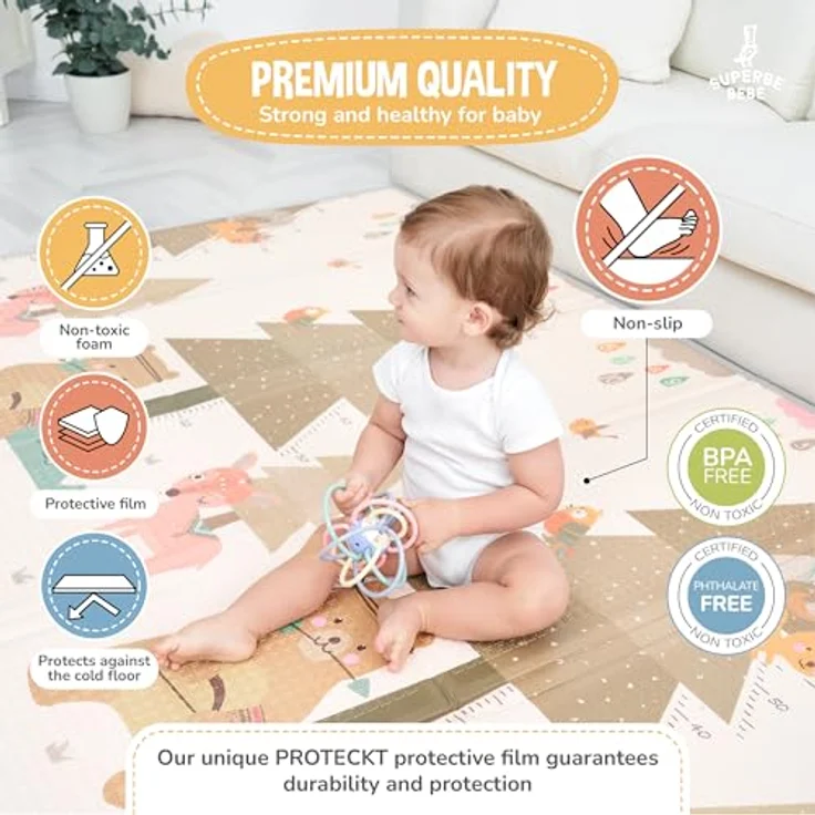 SUPERBE BEBE Krabbelmatte Faltbar, Spielmatte 120x180x1cm, Ökologisch & Schadstofffrei, Wasserfest, Antirutsch, Umkehrbar, Pädagogisch, Multifunktional – Bild 5