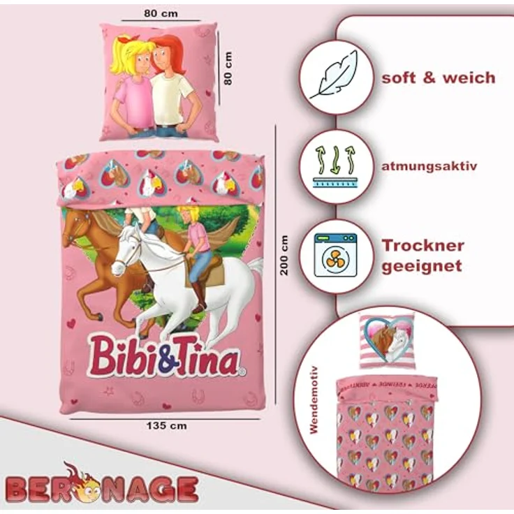 BERONAGE Bibi und Tina Kinderbettwäsche Herz - 135 x 200 cm + 80 x 80 cm – 100% Baumwolle Renforcé-Linon – Bettwäsche mit Motiven von Amadeus & Sabrina - Reiten - Reißverschluss, deutsche Größe - Bezaubernde Pferde-Bettwäsche in Linon-Qualität – Bild 2