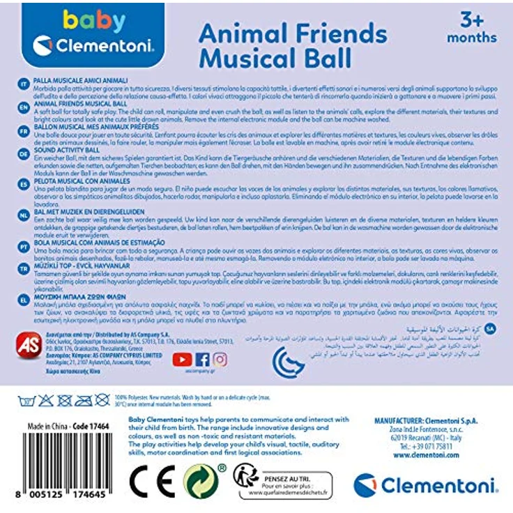 Clementoni Tierfreunde Musik-Ball, weicher Musikspielball für Babys ab 3 Monaten, mehrfarbig, Spielzeug zur Entwicklungsförderung – Bild 3
