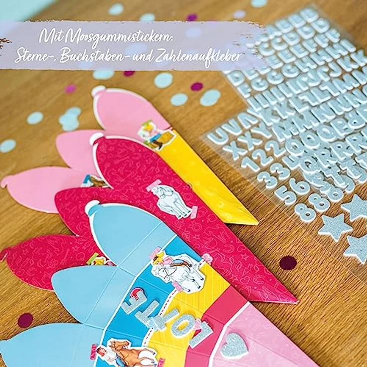 Papierdrachen Schultüten Set, 3 bedruckte 24,5 cm Zuckertüten mit Bibi und Tina Motiv, inkl. dekorativen Moosgummi Aufklebern zum Selbstgestalten – Bild 4
