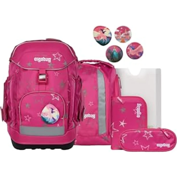 ergobag maxi set 6-teilig, ergonomischer Schulrucksack für Grundschule, geeignet für große Kinder ab 1. Klasse, SternzauBär - Pink, inklusive Heftebox und gefülltem Federmäppchen – Bild 1