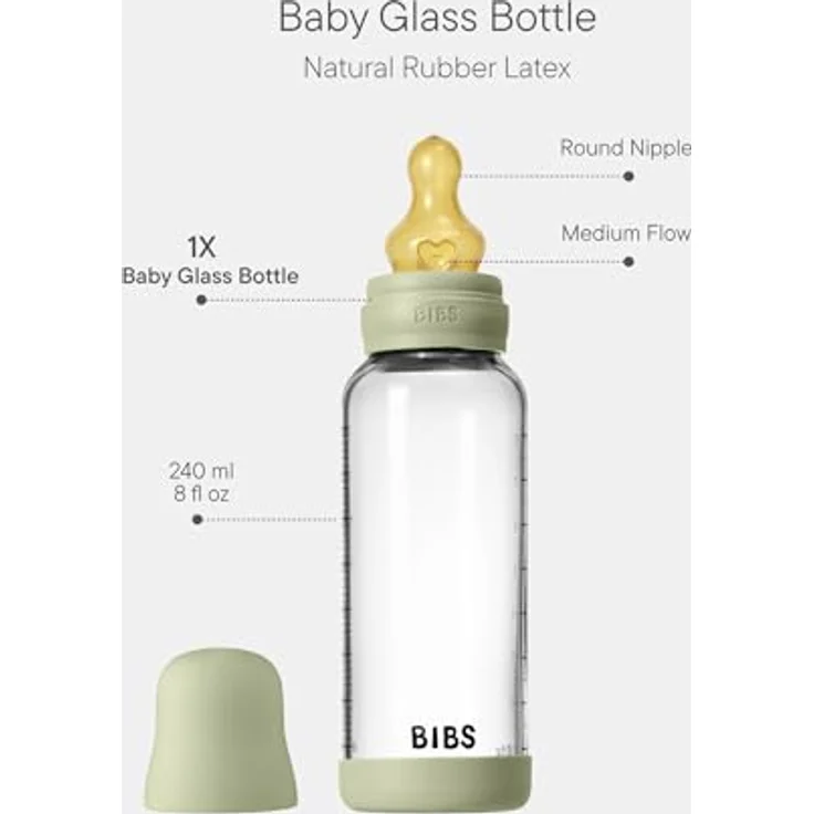 BIBS Baby Glasflasche 240ml, Runder Sauger aus Naturkautschuklatex, Koliken-Reduzierung, BPA-frei, Hergestellt in Dänemark, Sage – Bild 2