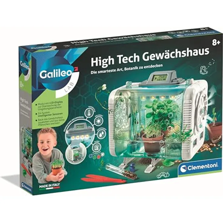 Clementoni High Tech Gewächshaus, interaktives Experimentierset mit Sensoren, LCD-Display und LED-Beleuchtung, für Botanikanfänger ab 8 Jahren