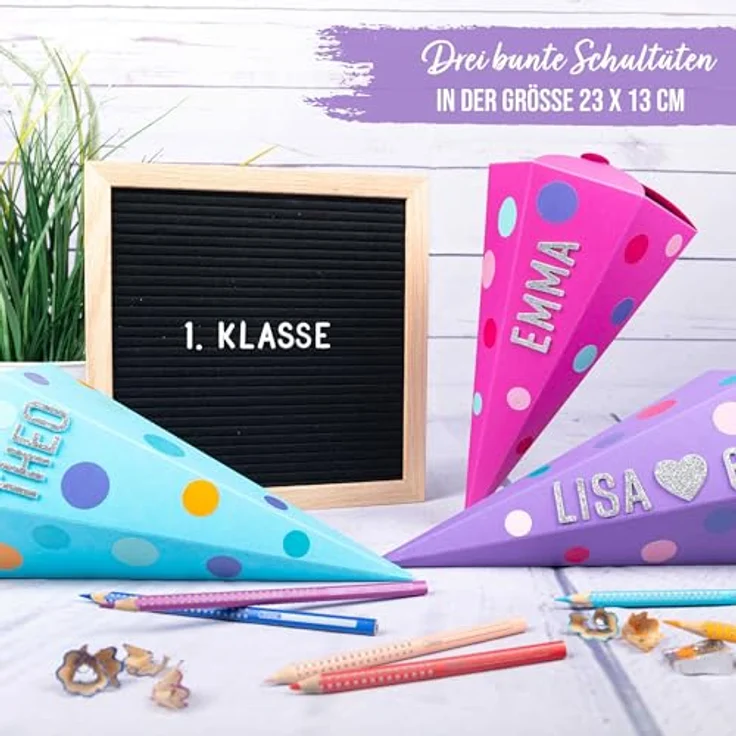 Papierdrachen Schultüten Set, 3 Geschwistertüten in Türkis, Lila & Pink, 23 cm hoch, inkl. dekorativen Moosgummi Aufklebern – Bild 3