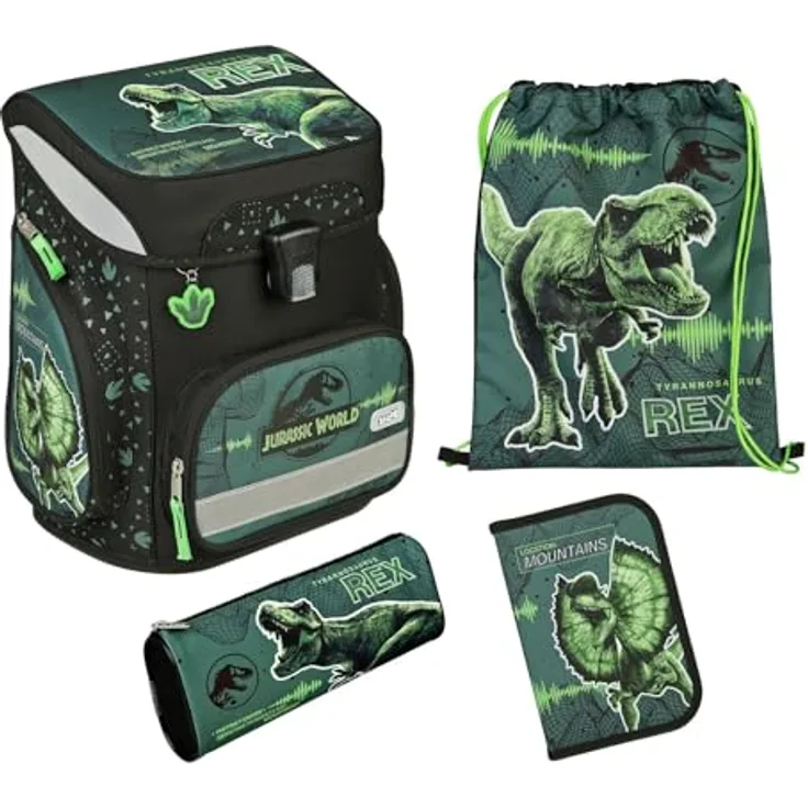 Scooli JUSP8255 EasyFit Schulranzen Set 5tlg.-Jurassic World, Niños - 18 Liter Volumen, abnehmbarer Brustgurt, reflektierende Oberflächen