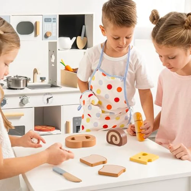 ROBOTIME Holz-Brot-Schneideset für Kinder - Realistisches Bäckereispielzeug mit Holz-Brot, Käse, Bagel & Zubehör, Montessori-Lernspielzeug mit praktischer Tragetasche – Bild 5