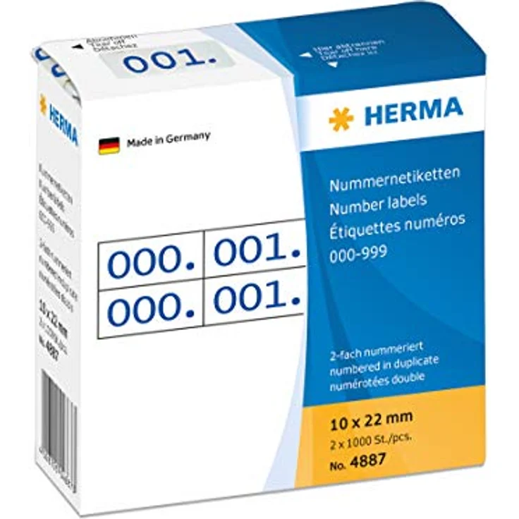 HERMA 4887 Nummernetiketten Zahlen 0 - 999, doppelt (22 x 10 mm, Papier, matt) selbstklebend, permanent haftend, fortlaufende Zahlenetiketten im Kartonspender, 2.000 Etiketten, blau bedruckt