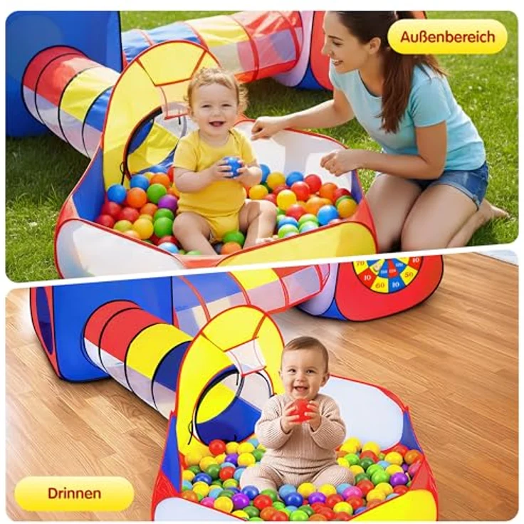 all Kids United® XXL Spielzelt mit Tunnel, Bällebad, Krabbel-Tunnel & Klettball Dartscheibe, Pop-Up 5-teiliges Spiel-Haus mit Tasche – Bild 4