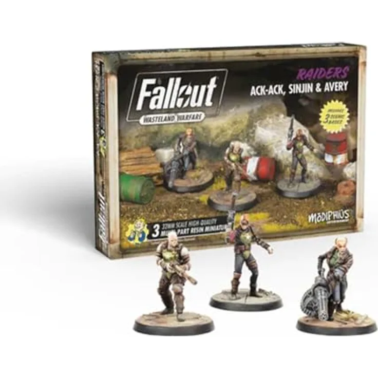 Modiphius Fallout Wasteland Warfare Ack Ack, Sinjin & Avery Miniaturen, 32mm, mehrteilige Resin-Raider mit einzigartigen Basen