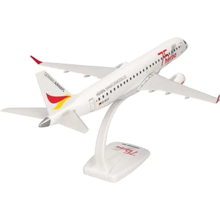 Herpa Snap-Fit Modellflugzeug German Airways Embraer E190 E190 Herpa 75 Years Miniatur 1:100, Sammlerstück mit Standfuß, Kunststoff – Bild 2