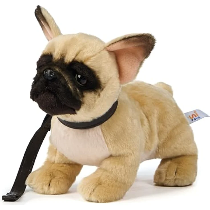 Uni-Toys Französische Bulldogge, Plüschtier in beige mit Leine, 26 cm, naturgetreues Design aus recycelter Polyesterwolle – Bild 1