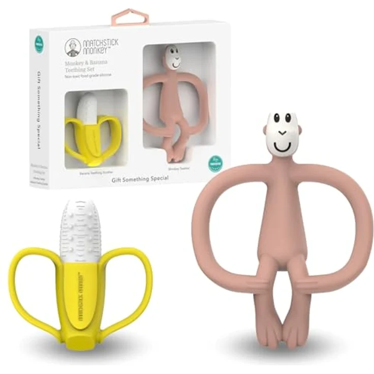 Matchstick Monkey Geschenkset Beißring 2er Set - Antimikrobielle Zahnungshilfe - BPA-frei - Banane & Affe rosa – Bild 1