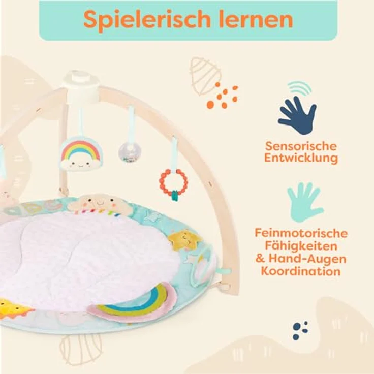B. toys Sunrise to Sunset Play Gym, Baby Gym aus Holz mit weicher Spielmatte und hängendem sensorischen Spielzeug für Neugeborene – Bild 4